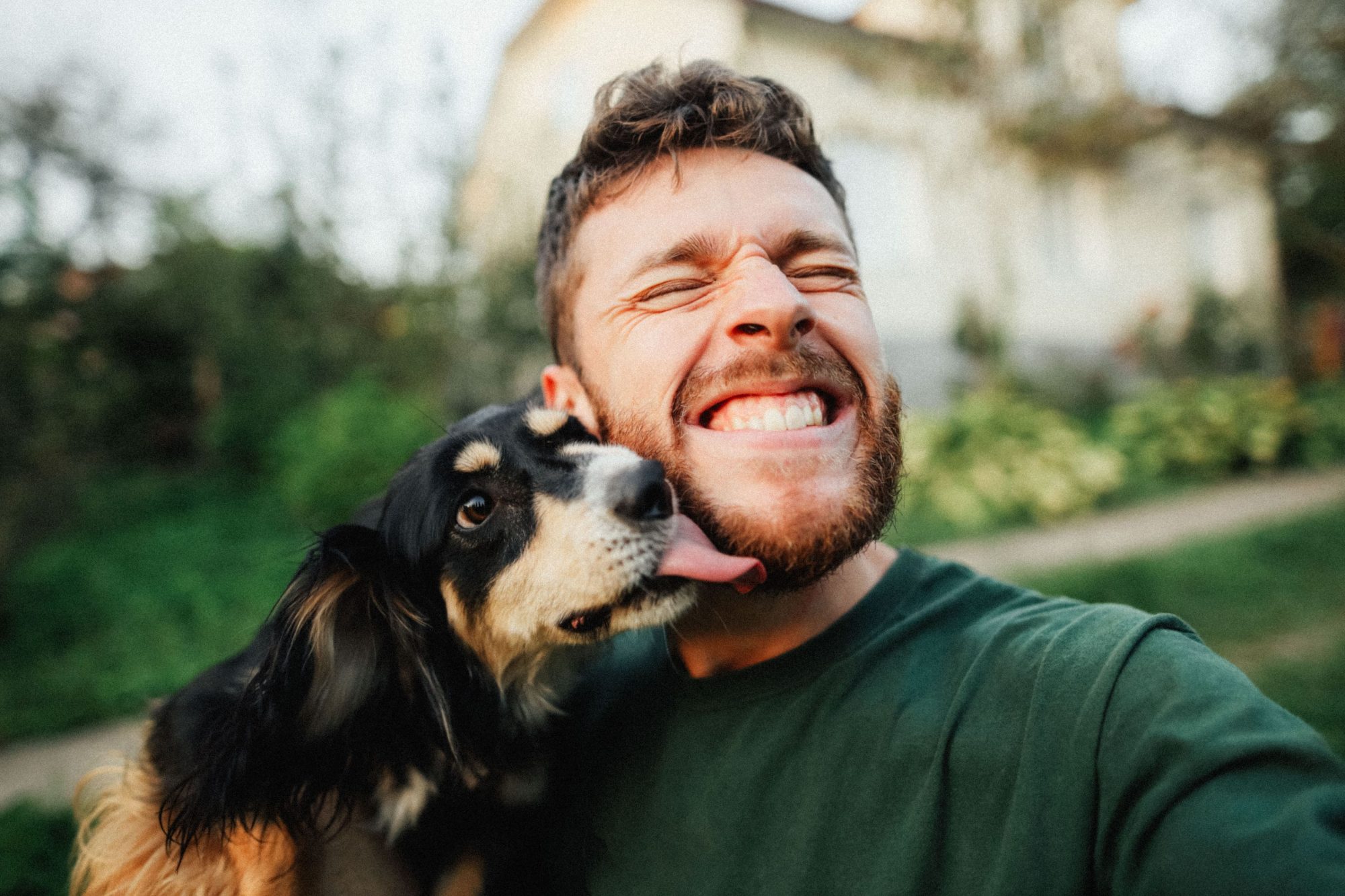 Dog licking owner's face.